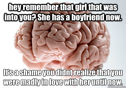 hey remember that girl that was into you? She has a boyfriend now. It's a shame you didnt realize that you were madly in love with her until now.
     Scumbag Brain