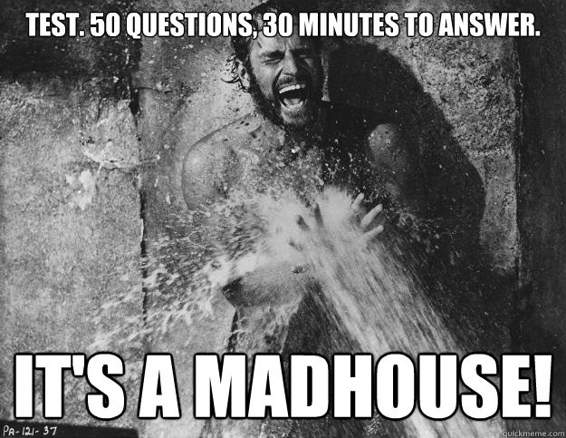 Test. 50 questions, 30 minutes to answer. IT'S A MADHOUSE!  Charlton Heston Madhouse