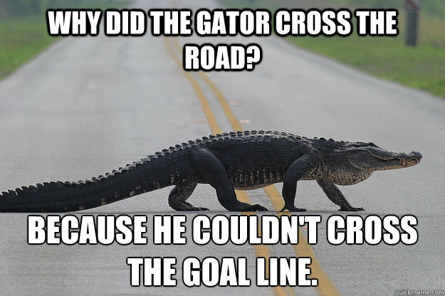 Why did the gator cross the road? because he couldn't cross the goal line. - Why did the gator cross the road? because he couldn't cross the goal line.  gators