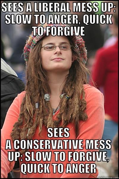 Limited Forgiveness - SEES A LIBERAL MESS UP: SLOW TO ANGER, QUICK TO FORGIVE SEES A CONSERVATIVE MESS UP: SLOW TO FORGIVE, QUICK TO ANGER College Liberal