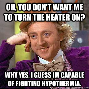 Oh, You don't want me to turn the heater on? Why yes, I guess im capable of fighting hypothermia.  Creepy Wonka