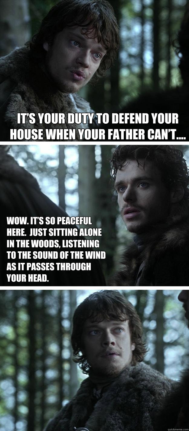 It’s your duty to defend your house when your father can’t....
 Wow. It’s so peaceful here.  Just sitting alone in the woods, listening to the sound of the wind as it passes through your head.  Unappreciated Theon