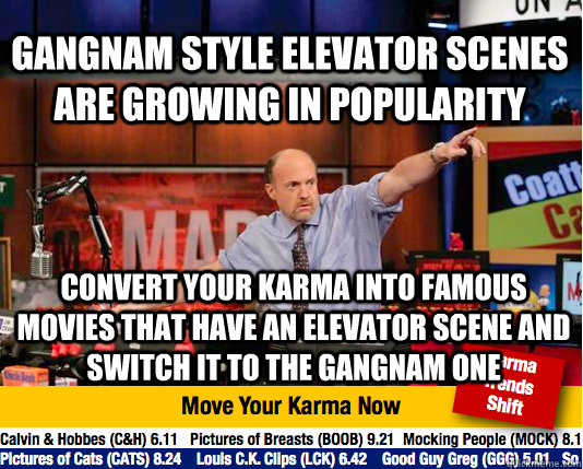 Gangnam style elevator scenes are growing in popularity Convert your karma into famous movies that have an elevator scene and switch it to the gangnam one  Mad Karma with Jim Cramer