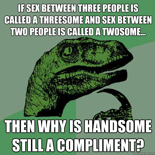 If sex between three people is called a Threesome and sex between two people is called a Twosome... Then why is Handsome still a compliment?  Philosoraptor