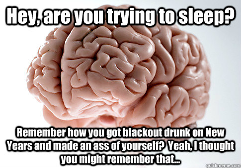 Hey, are you trying to sleep? Remember how you got blackout drunk on New Years and made an ass of yourself?  Yeah, I thought you might remember that...  Scumbag Brain