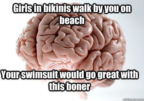 Girls in bikinis walk by you on beach Your swimsuit would go great with this boner   Scumbag Brain