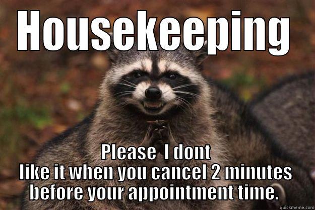 HOUSEKEEPING PLEASE  I DONT LIKE IT WHEN YOU CANCEL 2 MINUTES BEFORE YOUR APPOINTMENT TIME.  Evil Plotting Raccoon