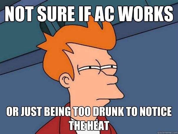 not sure if AC works or just being too drunk to notice the heat - not sure if AC works or just being too drunk to notice the heat  Futurama Fry