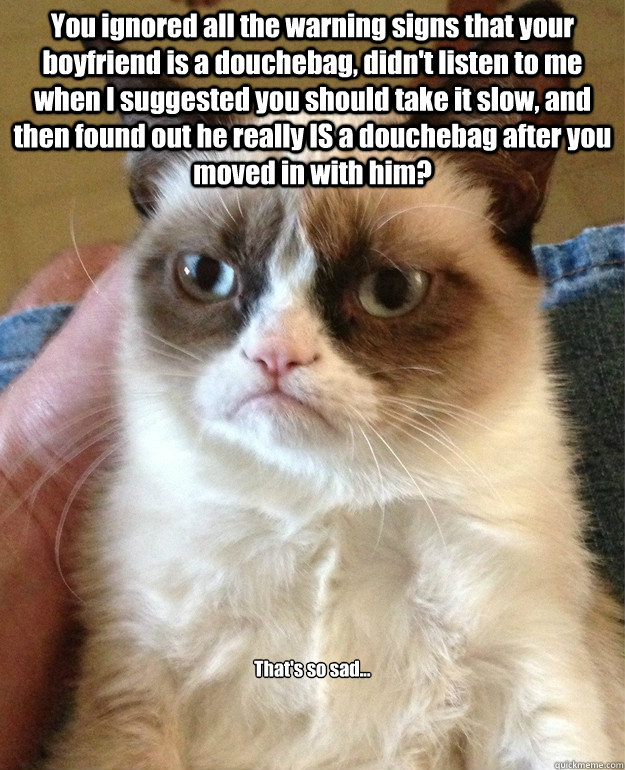 You ignored all the warning signs that your boyfriend is a douchebag, didn't listen to me when I suggested you should take it slow, and then found out he really IS a douchebag after you moved in with him? That's so sad...  Grumpy Cat