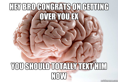 hey bro congrats on getting over you ex you should totally text him now  Scumbag Brain