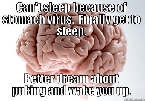 CAN'T SLEEP BECAUSE OF STOMACH VIRUS.  FINALLY GET TO SLEEP. BETTER DREAM ABOUT PUKING AND WAKE YOU UP. Scumbag Brain