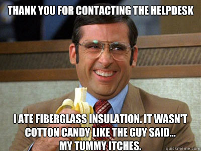 thank you for contacting the helpdesk I ate fiberglass insulation. It wasn't cotton candy like the guy said...                   my tummy itches. 
  Brick Tamland