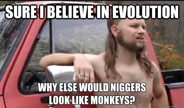 Sure I Believe in evolution Why else would niggers 
look like monkeys?  Almost Politically Correct Redneck