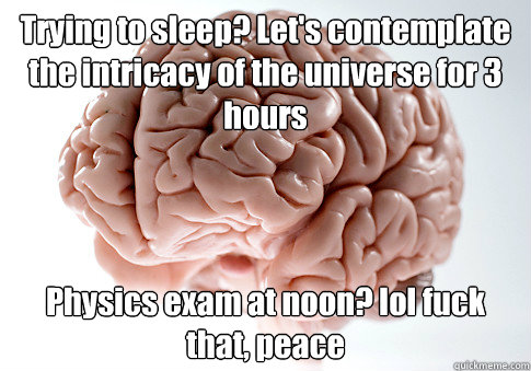 Trying to sleep? Let's contemplate the intricacy of the universe for 3 hours  Physics exam at noon? lol fuck that, peace  Scumbag Brain