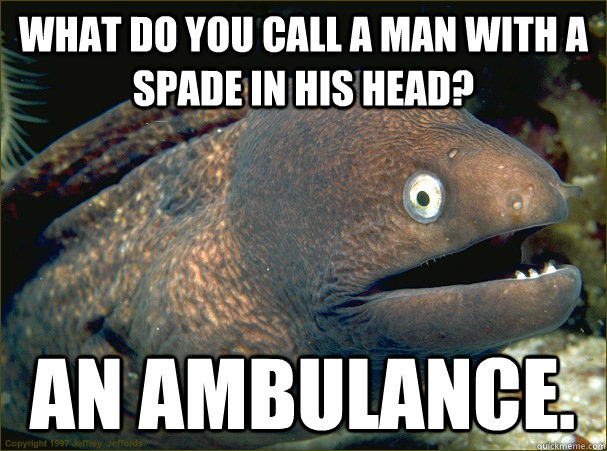 what do you call a man with a spade in his head? an ambulance.  Bad Joke Eel