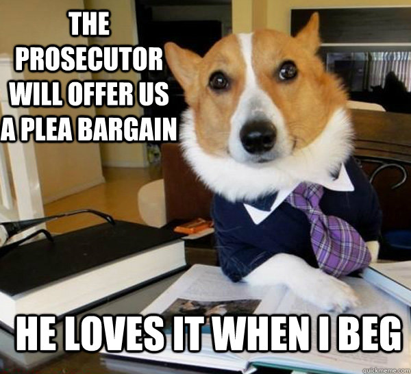 The prosecutor will offer us a plea bargain He loves it when I beg  Lawyer Dog