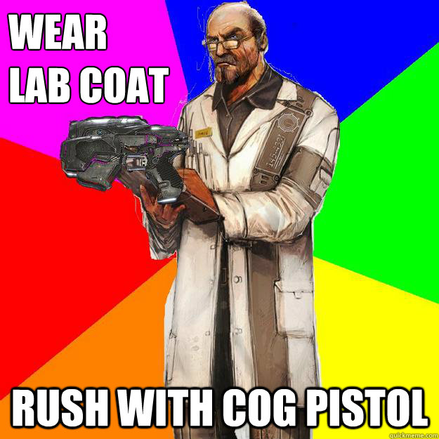 Wear 
Lab coat rush with cog pistol  Gears of War Adam Fenix