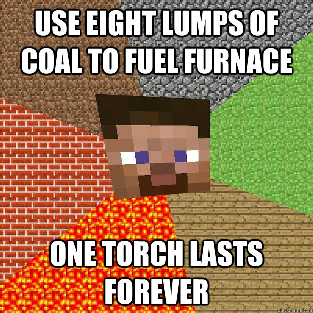 use eight lumps of coal to fuel furnace one torch lasts forever  Minecraft