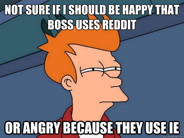 Not sure if I should be happy that boss uses reddit Or angry because they use IE  Futurama Fry