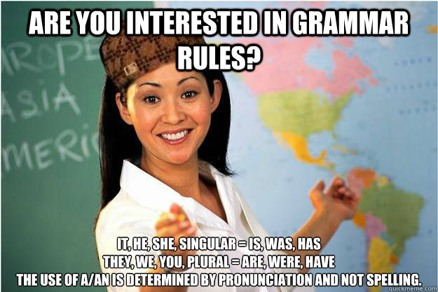 Are you interested in grammar rules? It, he, she, singular = IS, WAS, HAS
They, we, you, plural = ARE, WERE, HAVE
The use of A/AN is determined by pronunciation and not spelling.  Scumbag Teacher