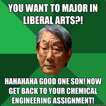 You want to major in liberal arts?! Hahahaha good one son! now get back to your chemical engineering assignment!  High Expectations Asian Father