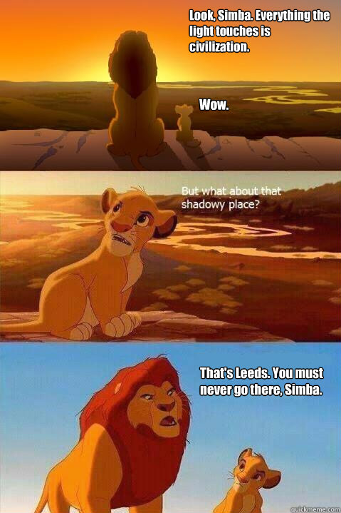 Look, Simba. Everything the light touches is 
civilization. Wow. That's Leeds. You must never go there, Simba.   Lion King Shadowy Place