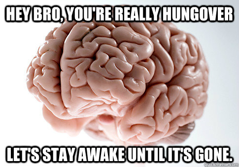 Hey bro, you're really hungover let's stay awake until it's gone.  Scumbag Brain