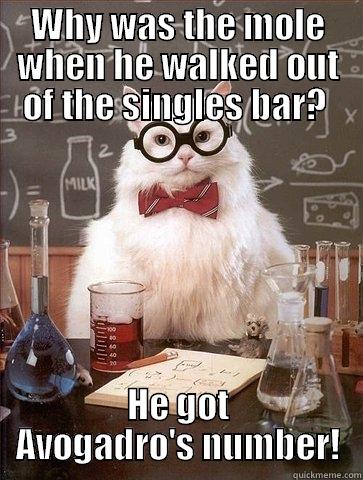 Avogadro's number - WHY WAS THE MOLE WHEN HE WALKED OUT OF THE SINGLES BAR?  HE GOT AVOGADRO'S NUMBER! Chemistry Cat