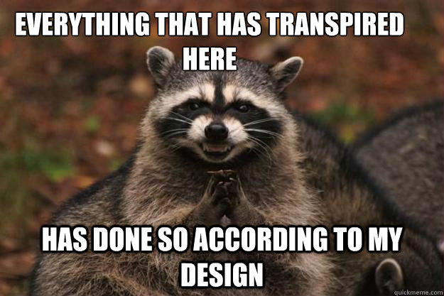 everything that has transpired here has done so according to my design - everything that has transpired here has done so according to my design  Evil Plotting Raccoon