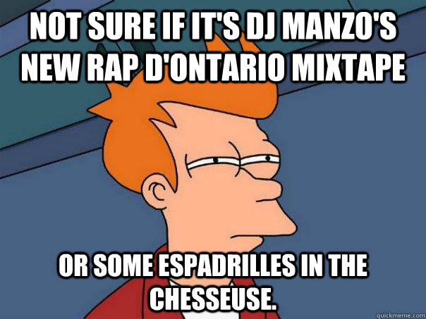 Not sure if it's Dj Manzo's new rap d'ontario mixtape  or some espadrilles in the chesseuse.  Futurama Fry