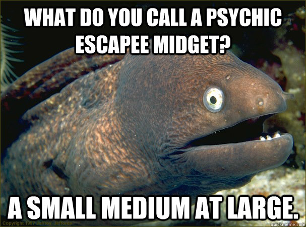 What do you call a psychic escapee midget? A small Medium at large.  Bad Joke Eel