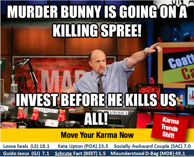 Murder Bunny Is going on a killing spree! Invest before he kills us all!  Jim Kramer with updated ticker