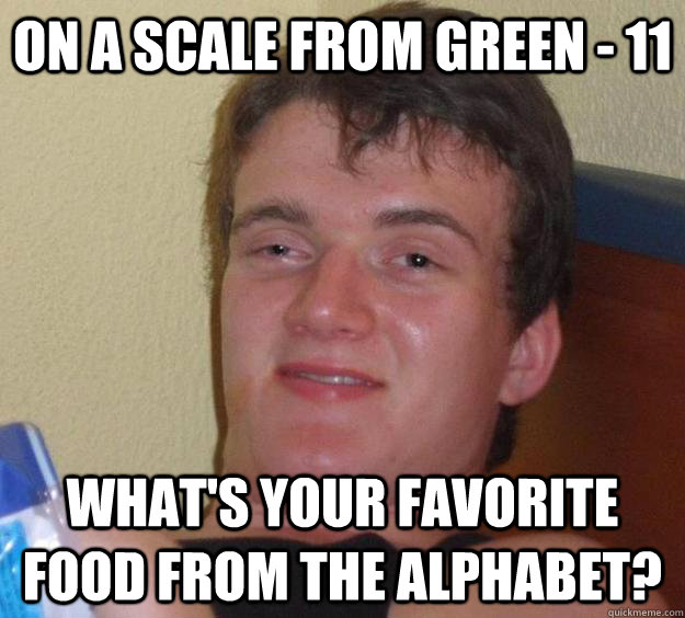 On a scale from green - 11 What's your favorite food from the alphabet?   10 Guy