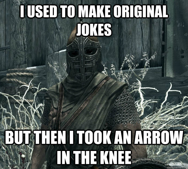 I used to make original jokes but then i took an arrow in the knee - I used to make original jokes but then i took an arrow in the knee  Skyrim Guard