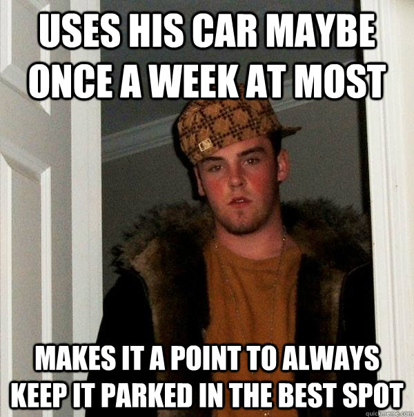 uses his car maybe once a week at most makes it a point to always keep it parked in the best spot  Scumbag Steve