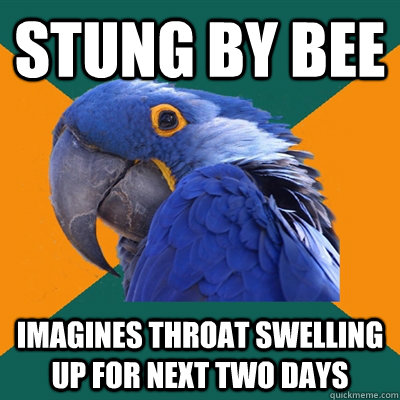 stung by bee imagines throat swelling up for next two days - stung by bee imagines throat swelling up for next two days  Paranoid Parrot