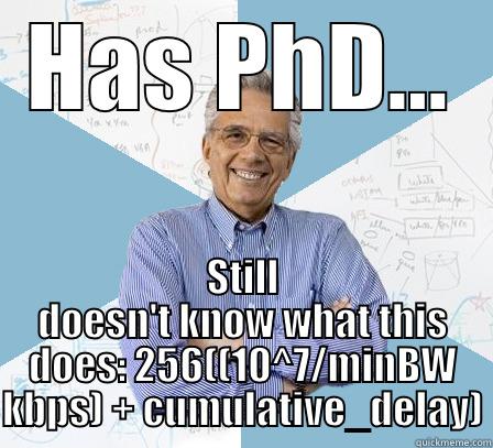 HAS PHD... STILL DOESN'T KNOW WHAT THIS DOES: 256((10^7/MINBW KBPS) + CUMULATIVE_DELAY) Engineering Professor