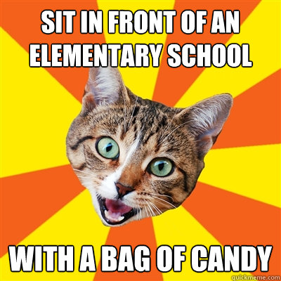 sit in front of an elementary school  with a bag of candy  Bad Advice Cat