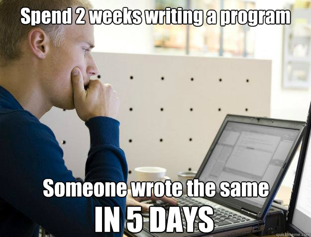 Spend 2 weeks writing a program Someone wrote the same IN 5 DAYS  Programmer