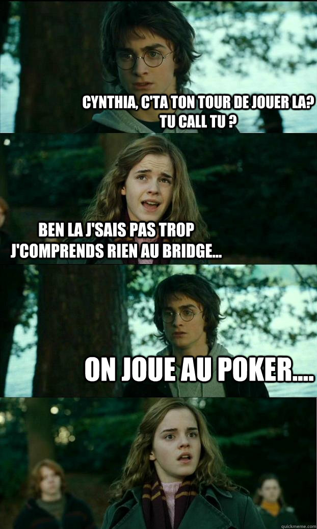 Cynthia, c'ta ton tour de jouer la? tu call tu ? Ben la j'sais pas trop j'comprends rien au bridge... On joue au poker....  Horny Harry