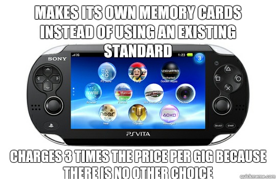 Makes its own memory cards instead of using an existing standard Charges 3 times the price per gig because there is no other choice  