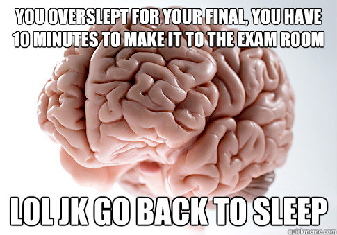 YOU OVERSLEPT FOR YOUR FINAL, YOU HAVE 10 MINUTES TO MAKE IT TO THE EXAM ROOM LOL JK GO BACK TO SLEEP   Scumbag Brain