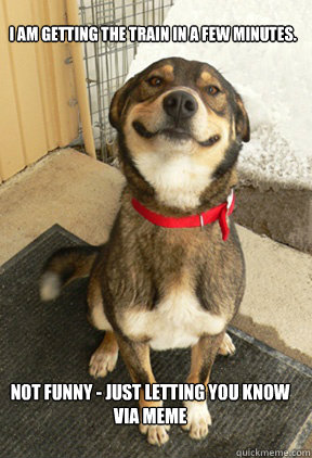 I am getting the train in a few minutes. Not funny - just letting you know via meme  Good Dog Greg