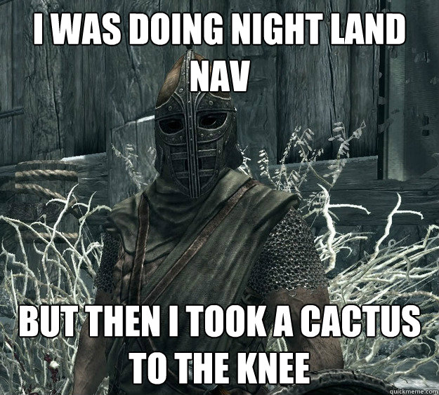 i was doing night land nav
 But then i took a cactus to the knee
 - i was doing night land nav
 But then i took a cactus to the knee
  Arrow to the Knee Soldier