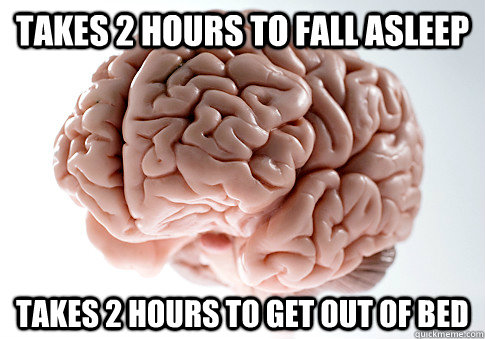 Takes 2 hours to fall asleep takes 2 hours to get out of bed - Takes 2 hours to fall asleep takes 2 hours to get out of bed  Scumbag Brain