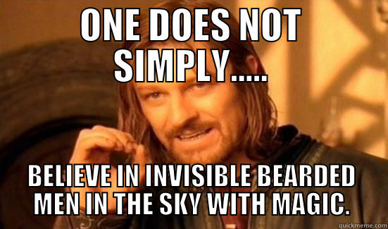 ONE DOES NOT SIMPLY..... BELIEVE IN INVISIBLE BEARDED MEN IN THE SKY WITH MAGIC. Boromir