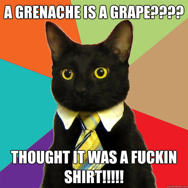 A grenache is a grape???? Thought it was a fuckin shirt!!!!!  Business Cat