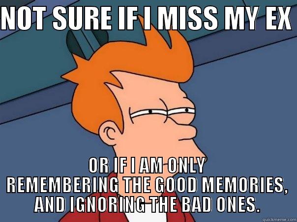 NOT SURE IF I MISS MY EX  OR IF I AM ONLY REMEMBERING THE GOOD MEMORIES, AND IGNORING THE BAD ONES. 