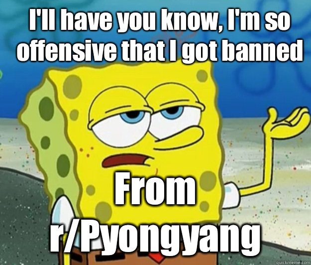 I'll have you know, I'm so offensive that I got banned From r/Pyongyang - I'll have you know, I'm so offensive that I got banned From r/Pyongyang  How tough am I