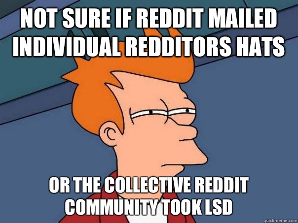 Not sure if Reddit mailed individual Redditors hats Or the collective Reddit community took LSD  Futurama Fry